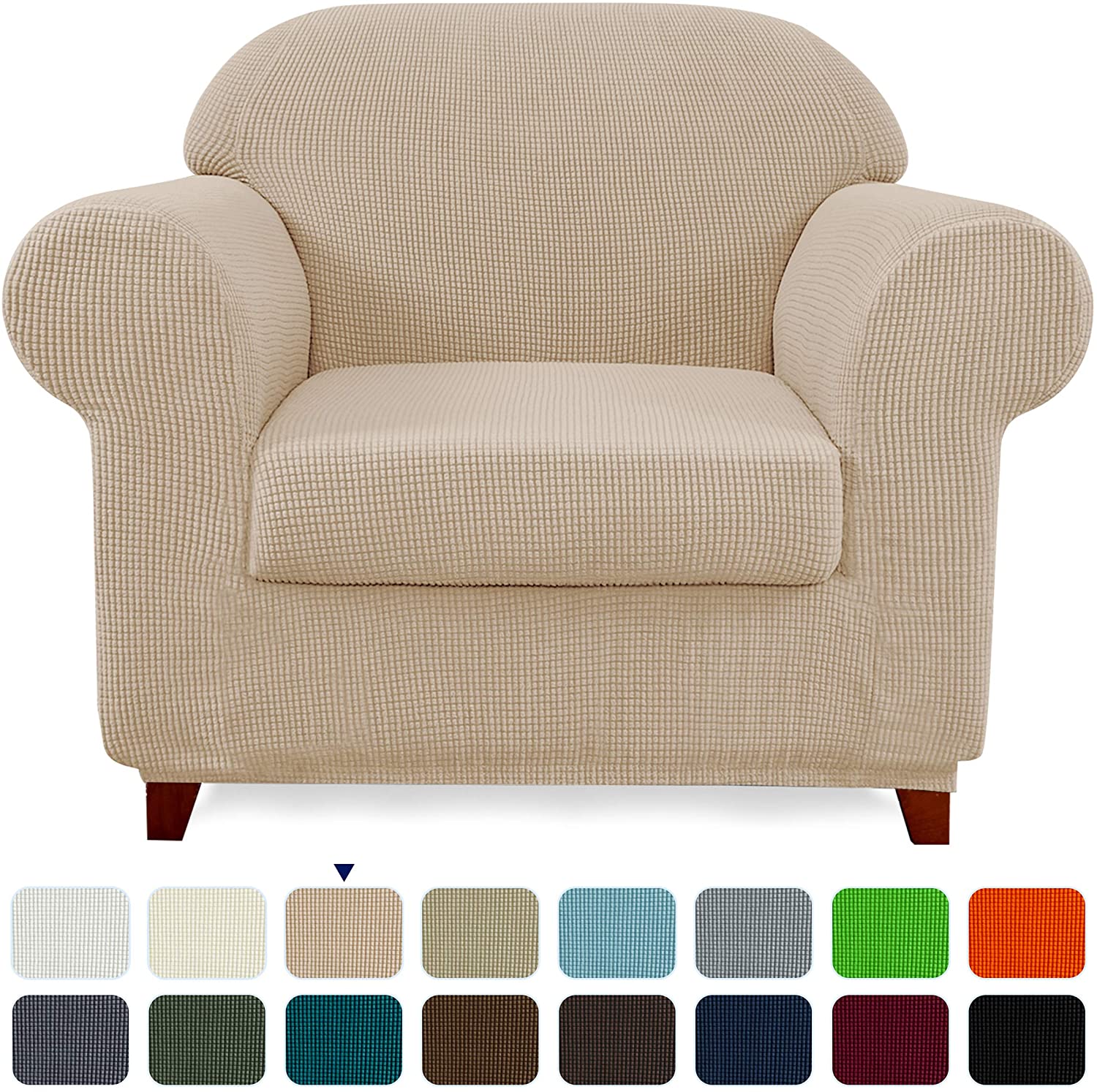 CHUN YI 2-Piece Stretch Jacquard Chair Slipcover Bundles X-Large Size Ottoman Cover Furniture Protector Coffee